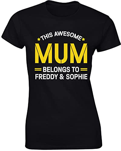 Personalised Mothers Day 2025 Ladies T-Shirt This Awesome Mum Belongs to Womens Top Tee Gift Printed Design Black - Small