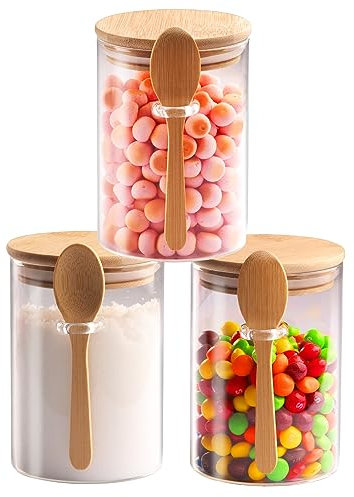 3 Pcs Glass Jars With Airtight Lid And Spoon,Overnight Oats Containers With Bamboo Lids,Glass Food Storage Canisters Yogurt Containers For Coffee Beans,Tea,Flour,Candy,Salts & More(20 Oz/600Ml)
