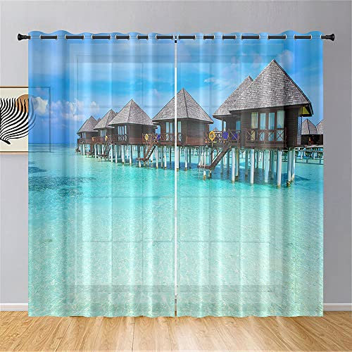 Hiseng 2 Pezzi Tende Voile Trasparente, Decorativi Sheer Tenda per Soggiorno Camera Cameretta Balcone Finestra e Interni, Semi Trasparente Tenda Leggera (107x244cm,casa al Mare)