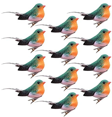 Jasmeko Künstlicher Rotkehlchen-Vogel zum Anklemmen – roter Kardinal, Weihnachtsbaum-Dekoration, Vogel-Bastelsets für Baum, Haus, Garten, Party-Dekorationen im Freien (A2-12Pcs-Robin)