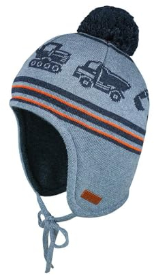 maximo Mini Boy-Mütze, ausgenäht Baufahrzeuge, Pompon Made in Germany 53 mittelgraumeliert/carbonmel.