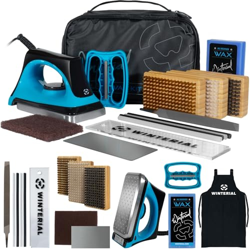 Winterial Snowboard und Ski Tuning Kit mit Eisen, All-Temp Snowboard Wax, Angled Edge Tuner File, PTEX Stangen, Bürsten (Rosshaar, Nylon & Messing) und Wachsschürze