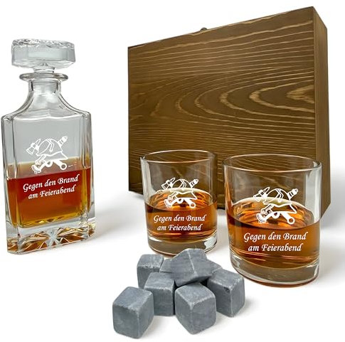 Whisky Set Feuerwehr Gravur und Wunschtext Karaffe 700 ml und Gläser personalisiert Holzbox Geschenk (Motiv 1: Feuerwehrhelm, Nur Karaffe)