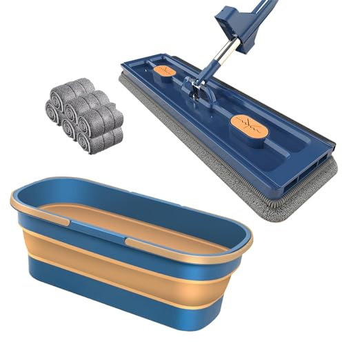 GOFOHIMI Mopa Plana Grande, Mopa mágica de 360 Grados Self Wringing Wall Mop para raspador de Limpieza de Pisos Planos para fregona de Ventanas de Limpieza,Azul,Fregona+6 Almohadillas+Cubo