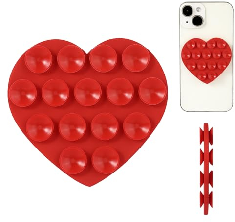 Heart Shape Double Sided Phone Suction Holder, Multi-Purpose Silicone Suction Cup Phone Mount Sweet Phone Case Sticky Phone Grip for Mobile Devices Mirror Glass (Red)