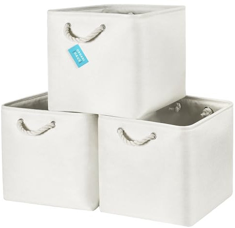 OrganiHaus 33x33 Cube Storage Bins Set of 3, Fabric Cube Baskets for Storage Shelves, Foldable Storage Cubes for Kallax Organizer Cube Bins w Rope Handles, Cubby Bins for Nursery Decor, White