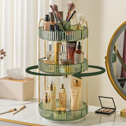 Rotating Makeup Organiser, 3 Tier Green Make Up Organiser Perfect For, Skincare Organiser, Bathroom Storage, Cosmetics Organiser, Bathroom Organiser, Perfume Organiser (Green, 3 Tier)