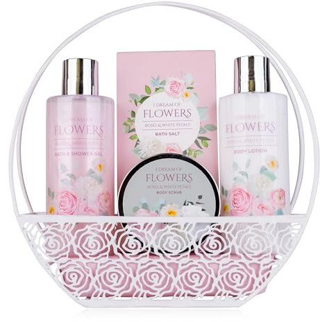 Accentra Badeset DREAM OF FLOWERS in Drahtkorb mit Henkel, inkl. Duschgel, Bodylotion, Badesalz und Körperpeeling - Wellness Geschenk Set zum Geburtstag, Valentinstag oder Muttertag