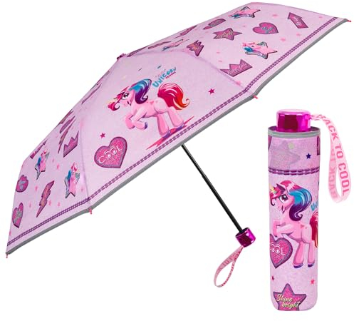 PERLETTI Ombrello Unicorno Bimba Mini - Ombrello Pieghevole Bambina Piccolo Rosa Lilla - Ombrellino Antivento Resistente con Apertura Manuale Bimbe 7+ Anni - Cool Kids - Diametro 91 cm (Rosa Chiaro)