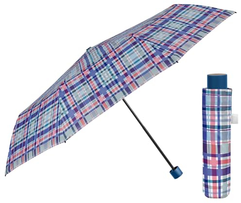PERLETTI Regenschirm Kompakt Handtasche für Damen - Taschenschirm Manuell für Frauen Mädchen - Damenschirm Regen Schirm Sturmfest Leicht Mini - Durchmesser 97 cm (Kariert Blau)