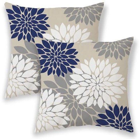 BETGINY Marineblaue Sommerkissenbezüge für den Außenbereich, 50,8 x 50,8 cm, Weiß, Creme, geometrisch, elegant, Dahlie, dekorative Dekokissen, rostgraue Blumendekor-Kissenbezüge aus Leinen,