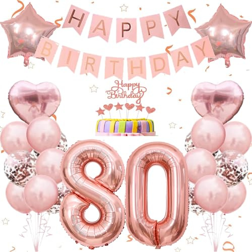 Conruich Deko 80. Geburtstag Frau, Geburtstagsdeko 80 Jahre Frau, Ballon 80 Geburtstag Dekoration Frauen, Rosegold Tortendeko Geburtstag 80 Jahre Frau, Happy Birthday Banner Deko 80. Geburtstag Frauen
