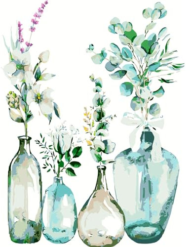 AIRDEA Glasvase Malen nach Zahlen Erwachsene, DIY Handgemalt Ölgemälde Kit, Grüne Pflanzen Paint by Numbers mit 3-Pinseln und Acrylfarbe 30x40 cm (Ohne Rahmen)