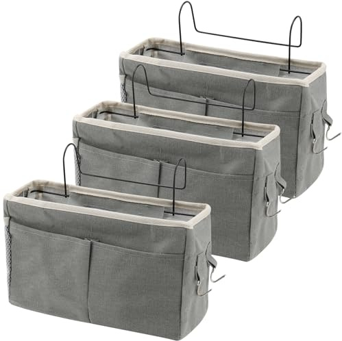 UNGFEI 3 PCS Grey Bedside Hanging Storage Basket, Bed Organiser Caddy Hook | for Dormitory Home Office