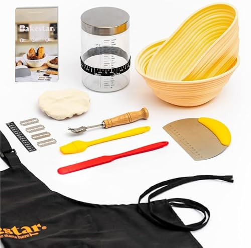 Bakestar Sourdough Starter Kit, Complete, Durable Baking Supplies with Easy to Clean Silicone Banneton Bread Proofing Basket and Glass Jar, Bread Baking Gift Set, Sourdough bread baking supplies.