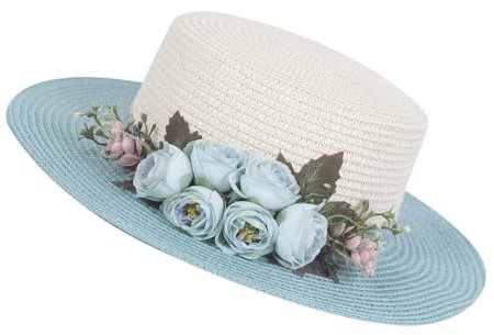 WUODHTW Chapeaux de soleil pour femme - Chapeau de paille à large bord - Fait à la main - Motif floral - Chapeau de protection solaire en papier UV, blanc/bleu, Taille unique