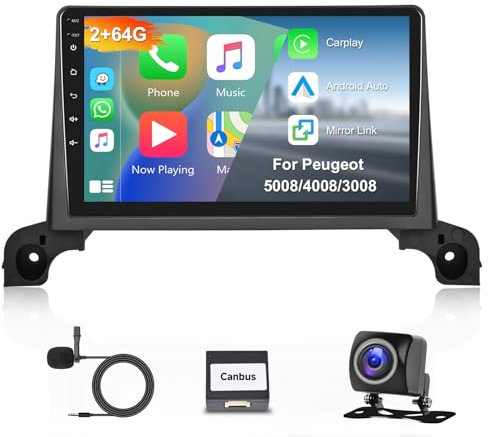 Hodozzy 2G+64G Android Radio para Peugeot 5008/4008/3008 2017-2020 Carplay Android Auto,Pantalla Coche 2 DIN 9 Pulgadas con GPS Navigation WiFi Bluetooth Mirrorlink FM RDS HiFi Radio Canbus + Cámara