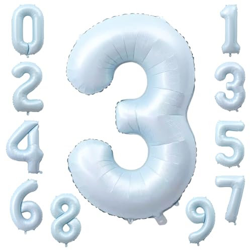 KOBOKO Zahlen Luftballon 3 Jahre Blau, 40 Zoll XXL Folienballon 3, Zahl 3 Pastell Blau Luftballons 3. Geburtstag Junge, Helium Ballon 3 Geburtstag, Zahlenballon 3 für Junge Geburtstagsdeko Party Deko