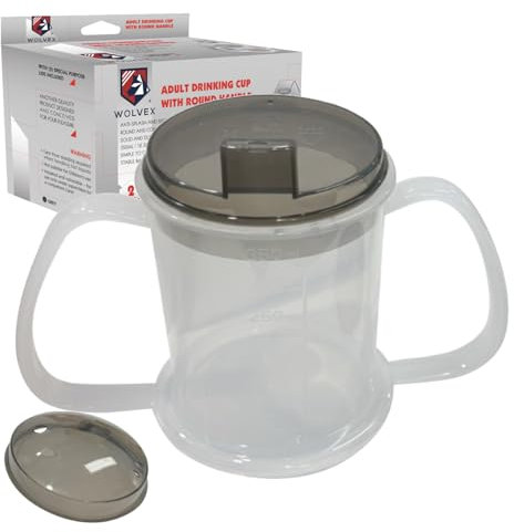 Wolvex 350ML Adult Drinking Cup with Comfortable Round Handle, 2 Style Lids, and Anti-Spill Features - Ideal Beaker for Disabled Adults, Dishwasher & Microwave Safe, Lightweight, BPA-Free Sippy (Grey)