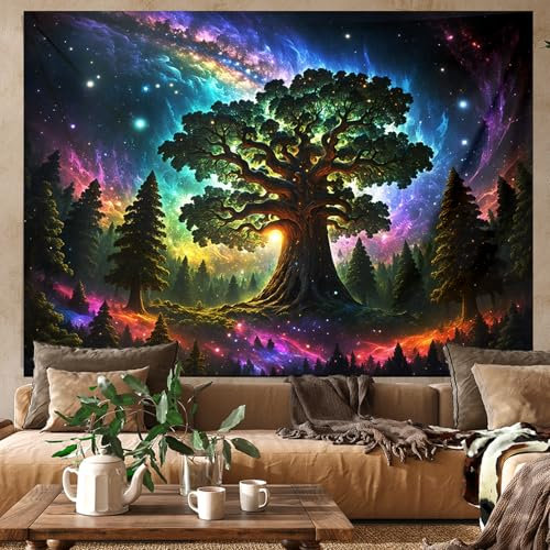 WIERAEM Schwarzlicht Wandteppich Wald Uv Psychedelic Wandtuch Natur Baum Sterne Galaxy Trippy WandtüCher SchöNe Bunt Fluoreszierende Tapestry Deko Groß 230x180cm