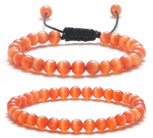 XSDSLS 2 Stück Naturstein Armband Perlenarmband Damen Edelsteine Armband 6mm Elastische Beads Armbänder Einstellbar Yoga Armbänder Pkatzenauge Stein Geschenk für Damen Freundin (Orange)