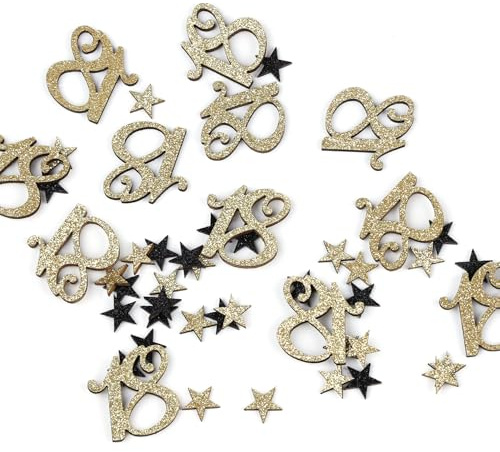 Oblique Unique Konfetti Set Holz Zahl 18 und Sterne Glitzer Holzdeko Tischdeko Streudeko zur Verzierung Dekoration für Geburtstag Party zum Basteln (Zahl 18)