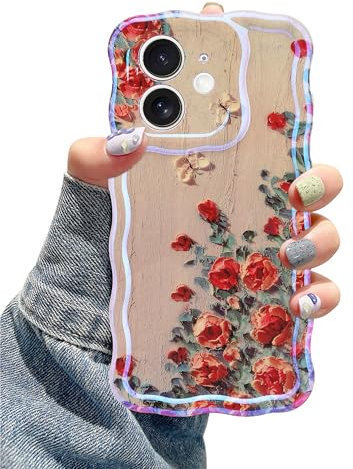 Jusy Compatible with iPhone 11, Colorful Retro Oil Painting Printed Flower Laser Glossy Pattern Cute Curly Wave Phone Case Soft TPU Cover for Girly Women - Beige