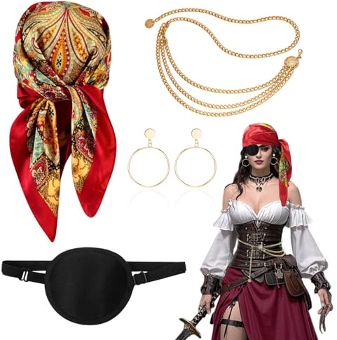 TUONYIS Piratenkostüm für Damen, rot bedrucktes Stirnband, schwarze Augenmaske, Taillenkette, Ohrbesatz, Piratenkostüm, Zubehör für Halloween, Cosplay, Party, Piratenparty, 4 Stück