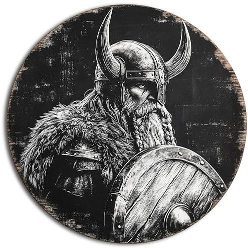 DRO Design - Wikinger Bild auf Leinwand 50cm Rund - Kunst-Druck auf 6mm HDF - Rund Schlafzimmer Bilder Wand Deko Wohnzimmer Modern Wanddeko Bilderwand Geschenk Abstrakt Vintage Kreide-Look