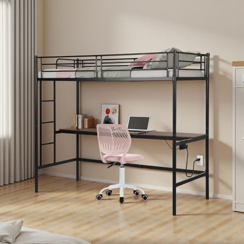 FurnitureR Hochbett 90x200 cm für Teenager mit Schreibtisch, Steckdose & USB, Treppe & Absturzsicherung – Metallbett Schwarz mit Lattenrost – Ohne Matratze