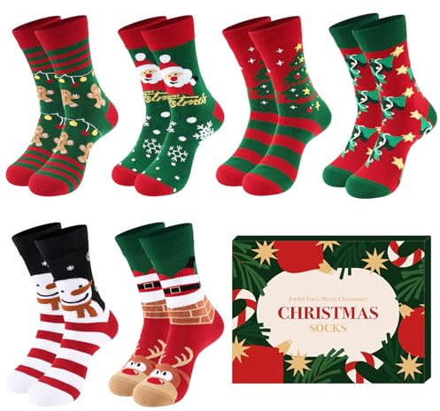 Niofind Weihnachtssocken Damen Herren, 6 Paar, Bunt Gemustert | Sechs unisex Crew-Socken mit Weihnachtsmann und weiteren festlichen Motiven; weicher Sitz für Weihnachten und Wintertage.