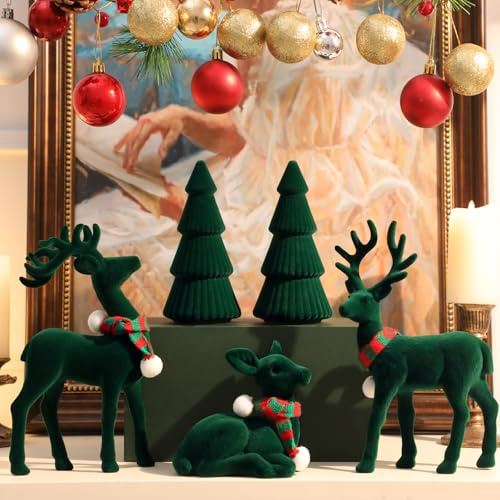 Lanpn Weihnachten Samt Rentier & Baum Figur Set, 5 STK Grün Rentier Bäume Skulptur Ornamente, Weihnachtliche Elch-Statue Hirsch Skulptur, Weihnachtsfigur Tischdeko Haus Mantel Winter Urlaub Dekor