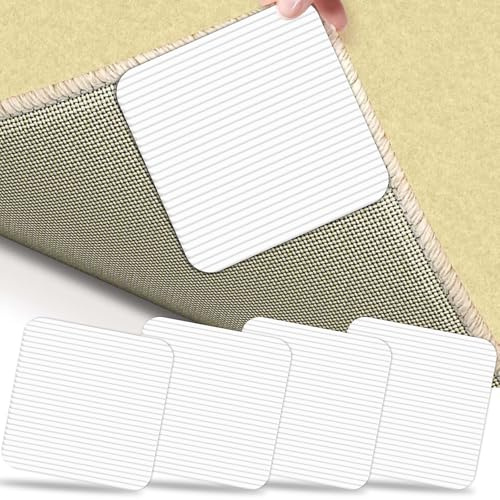 Teppich Antirutschunterlage, Waschbare Antirutsch Pads für Sicheren Halt Wiederverwendbar, Rückstandsfrei, Teppichstopper Antirutschmatte für Hartholzböden, Weiß, 10cmx10cm, 4 Stück