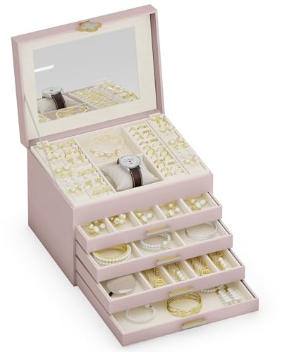 ADEL DREAM Boîte à bijoux à 5 étages avec bouton trèfle à quatre feuilles, plateau extensible, organisateur de bijoux avec grand miroir, compartiments réglables DIY, pour mères et filles, rose