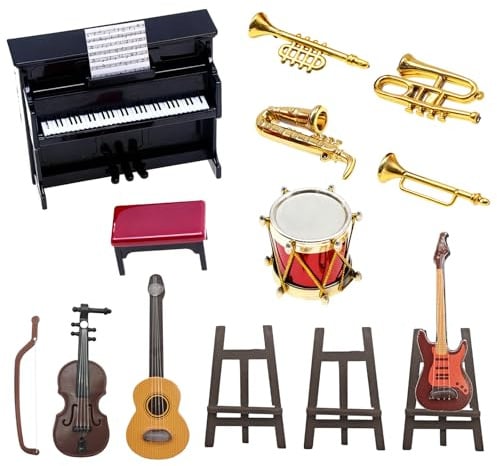 Xerteam Miniatur Deko Musikinstrumente, 15 Stück Wichtel Zubehör mit Mini Gitarre Klavier Schlagzeug Trompete Instrumentenständer, 1:12 Puppenhaus Modell