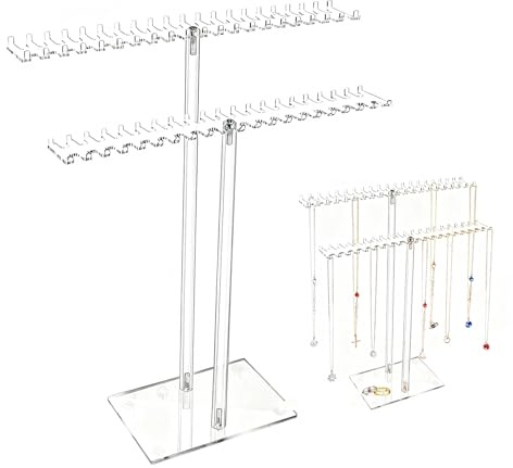 SANLIUBA Espositore Collane, Espositore per gioielli in acrilico a due livelli con 80 ganci per riporre collane, orecchini, anelli, orologi e bracciali (trasparente)
