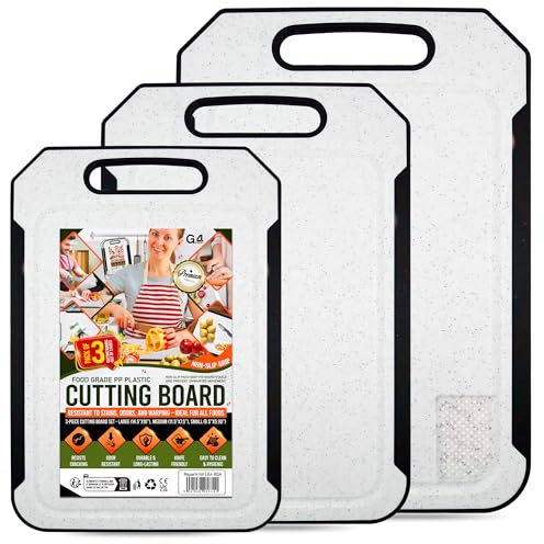 G4GADGET Chopping Board Set of 3 – 36.5x25.5cm / 30x20cm / 25x15cm – Heavy Duty Cutting Boards with Handle, Non-Slip, Deep Juice Grooves, Dishwasher Safe Kitchen Boards for Meat, Vegetables, Fruits