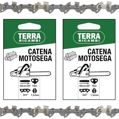 Set 2 Catene Motosega 76 maglie - passo 325” spessore 1.5mm – per Barra 50cm/20 – Basso Contraccolpo, Alta Durata – Qualità Tedesca Terra Ricambi – Per Uso Agricolo, Forestale e Fai da te.
