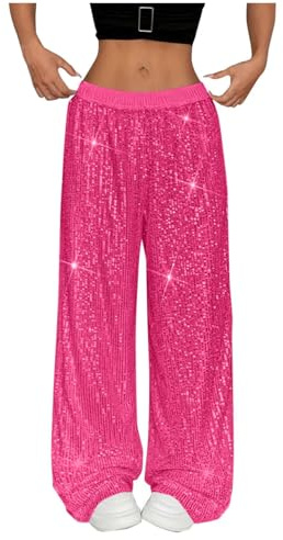 Wortod Glitzer Hose Damen Pailletten Hose Lange High Waist Einfarbig Pailettenhose Weites Bein Freizeithose Glitzerhose Disco Karneval Kostüm