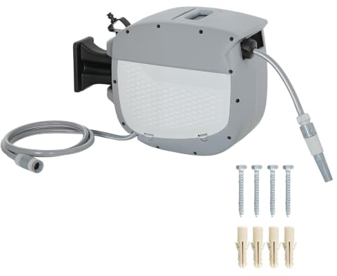 Outsunny Schlauchtrommel mit Gartenschlauch 20 m 180° Schwenkbar Grau | Schlauchbox, Automatische Aufrollung, Selbstverriegelung, Schlauchaufroller zur Wandmontage, Wasserschlauchaufroller