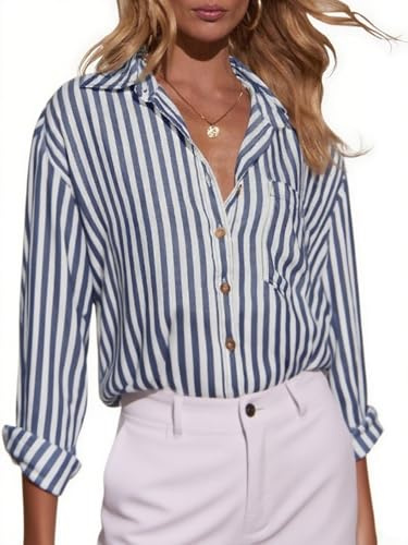 Dressmine Womens Blouses Shirts Cotton Striped Long Sleeve V Neck Spring Clothes Button Up Collared Business Casual Clothes Navy Blue S