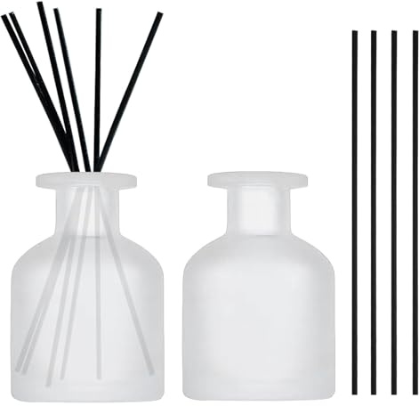2 Stück 150ml Diffuser Glas, Raumduft Diffuser, mit 10 Duftstäbchen (Weiß) | Matte Glasflaschen, Leere Diffusorflasche Glas, für Raumduft und Aromatherapie, Zuhause, Büro, DIY Ersatz