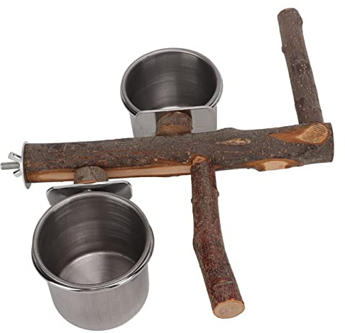 SPYMINNPOO Support en Bois pour Perroquets, Bol à Nourriture en Acier Inoxydable, Ensemble d'alimentation pour Cage à Oiseaux, Exercice en Bois de Pommier Détachable, Installation Facile pour Les (S)