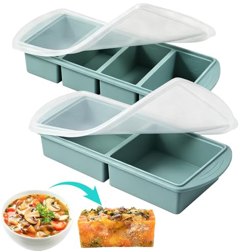 2 Pack Silicone Soup Freezer Containers, Soup Portion Freezer Moulds, Ice Trays with Lids, Ice Cube Tray for Storing Broth, Soup, Leftovers, Sauces, Makes 4 Cup/250 mL, 2 Cup/500 mL Portions Cubes