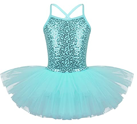 iEFiEL Mädchen Kleid Ballettkleid Kinder Ballett Trikot Ballettanzug mit Tütü Röckchen Pailletten Kleid in Weiß Rosa Türkis (122-128, Türkis)