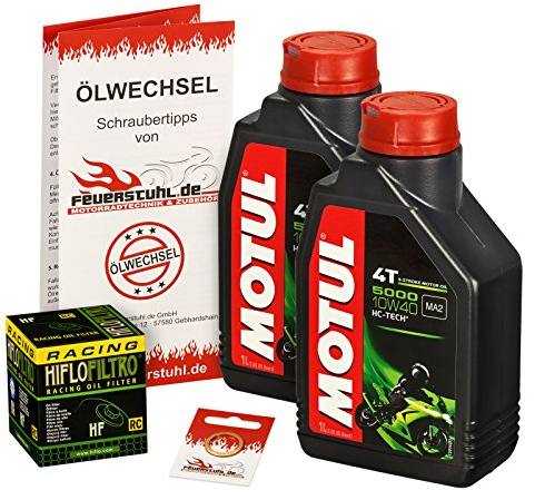 Motul 10W-40 Öl + HiFlo Ölfilter für Kawasaki ER6f / ER6n, 05-15, EX650A EX650C - Ölwechselset inkl. Motoröl, Racing Filter, Dichtring