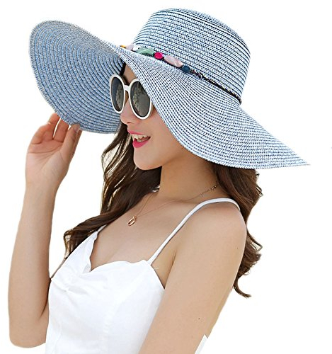 Adrinfly Chapeau de paille pliable à large bord pour femme - Accessoire de plage - Protection UV UPF 50+, bleu marine, Taille unique