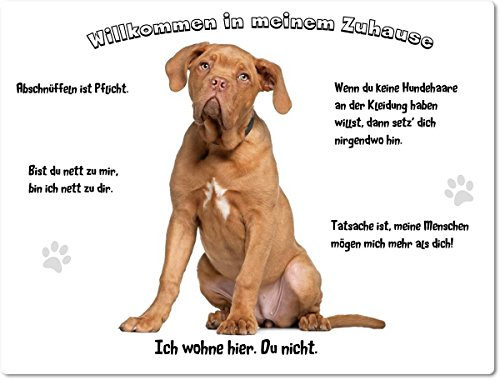 Merchandise for Fans Blechschild/Warnschild/Türschild - Aluminium - 30x40cm - - Willkommen in Meinem Zuhause - Motiv: Dogge Bordeaux Dogge Porträt - 02