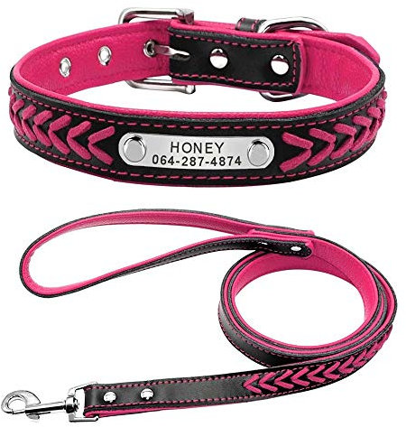 Beirui Personalized Soft Padded Dog Collar with Buckle Comfortable and Stylish Leather Dog Collar for Small Medium Large Dogs with 4ft Matching Leash(M, Rose 30-39cm)