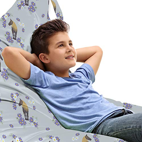 ABAKUHAUS Pferd Unicorn Toy Bag Lounger Stuhl, Tierformen Blumendetails, Hochleistungskuscheltieraufbewahrung mit Griff, Lavendel-Blau-Tan